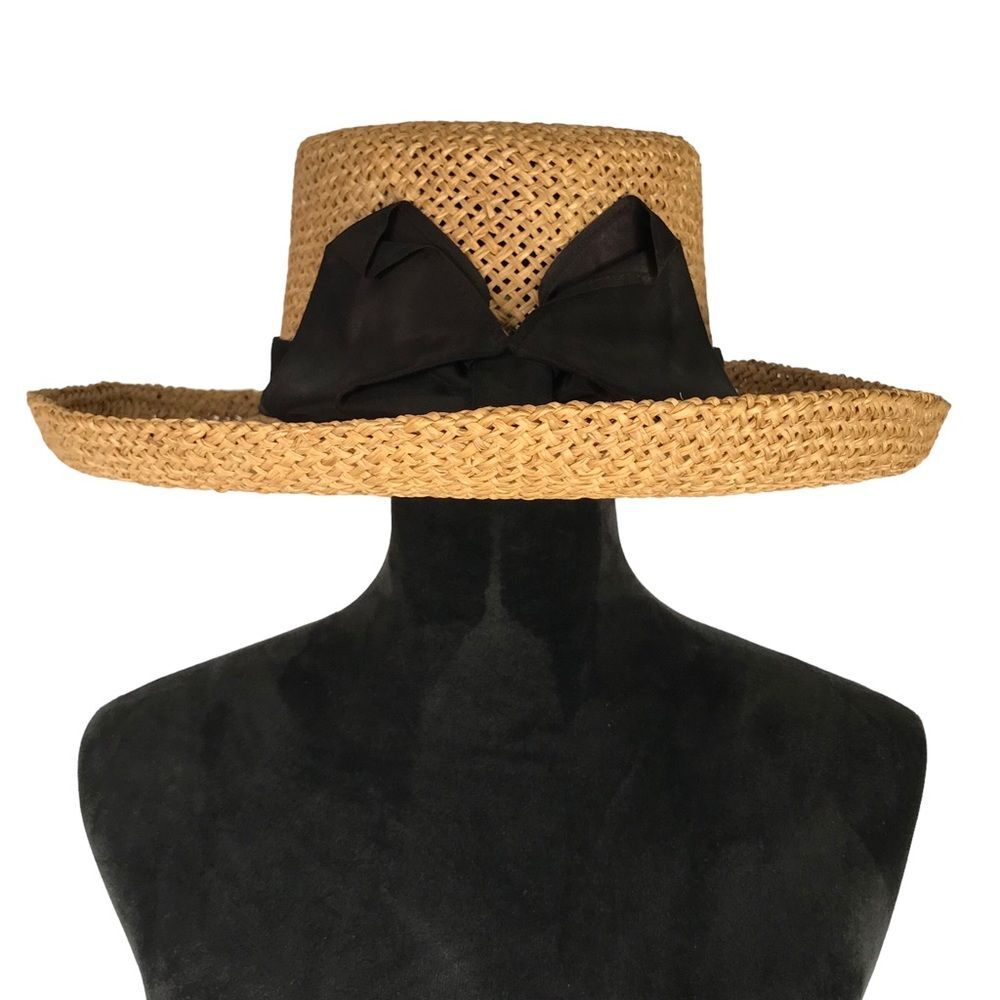 Importina Straw Hat Black Grosgrain Ribbon Bow Brimmed Summer Sun Hat - Picture 6 of 16